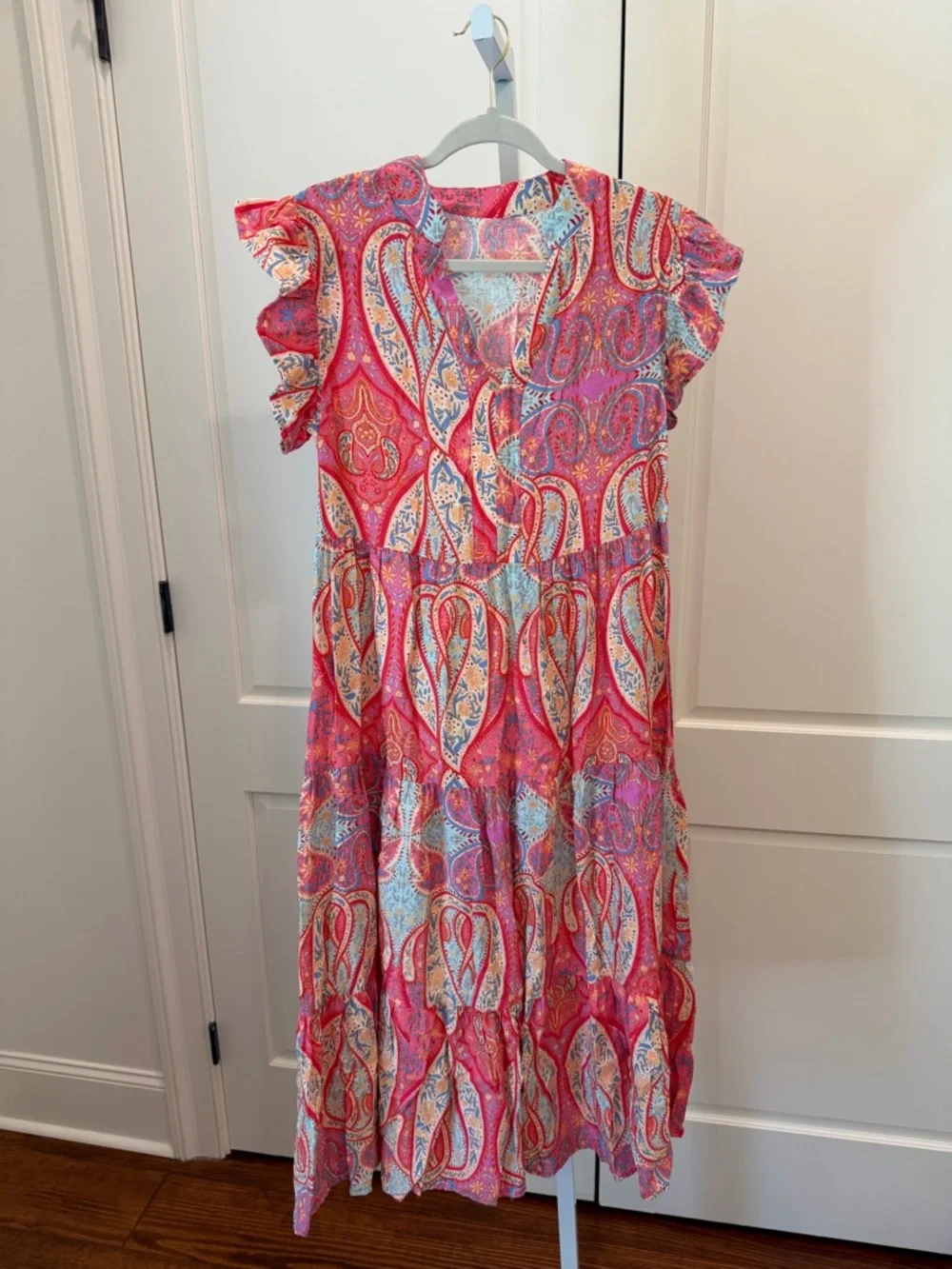 Tribal Paisley Print Ruffled Sleeve Notch Neck Midi Dress- Charming Charlie Med - Picture 4 of 8